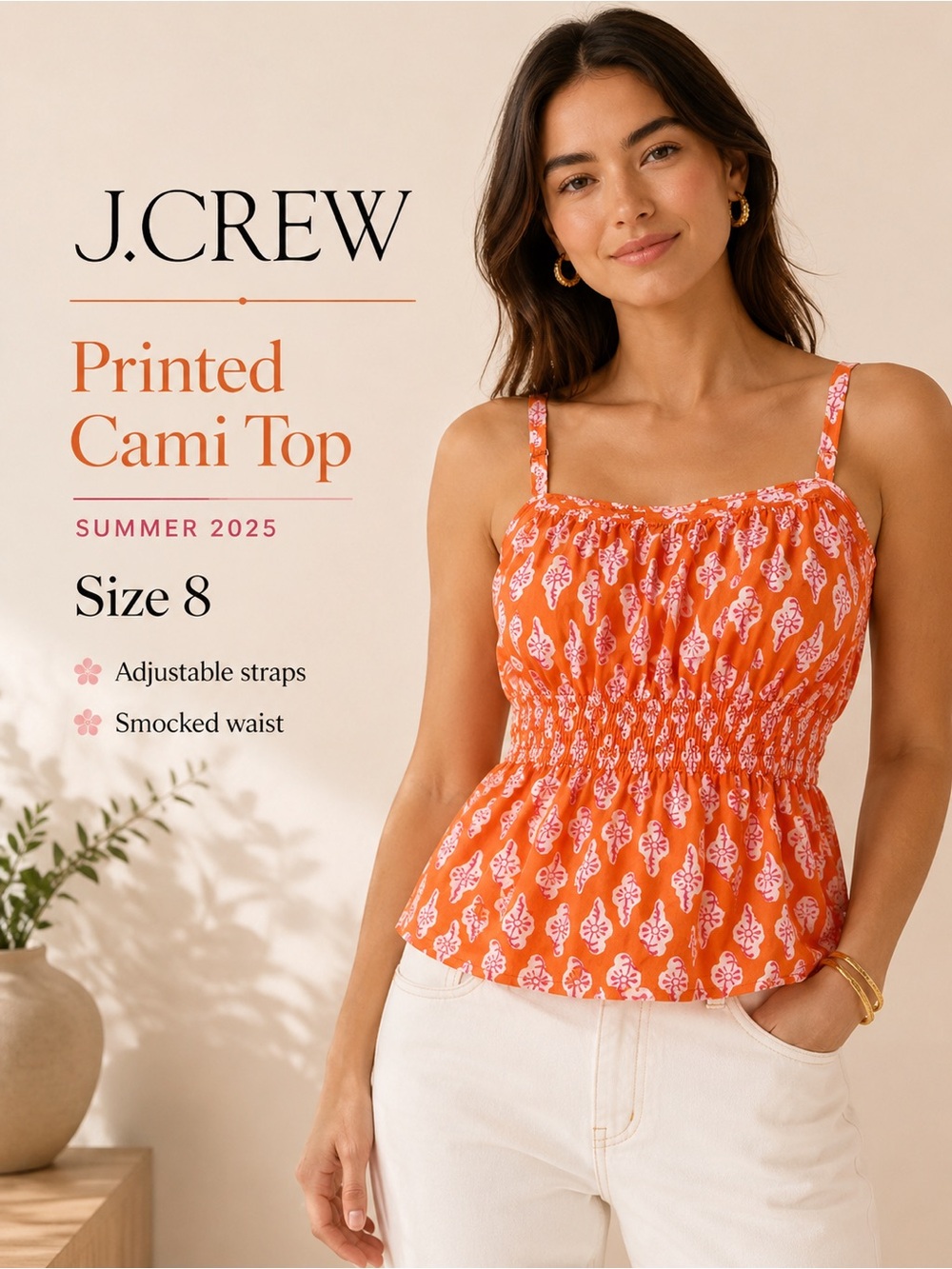 J.Crew Orange Pink Printed Smocked Cami Top Size 8